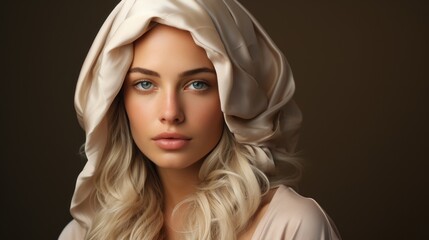 Fototapeta premium Elegant Woman in Silk Hood: A Portrait of Serenity