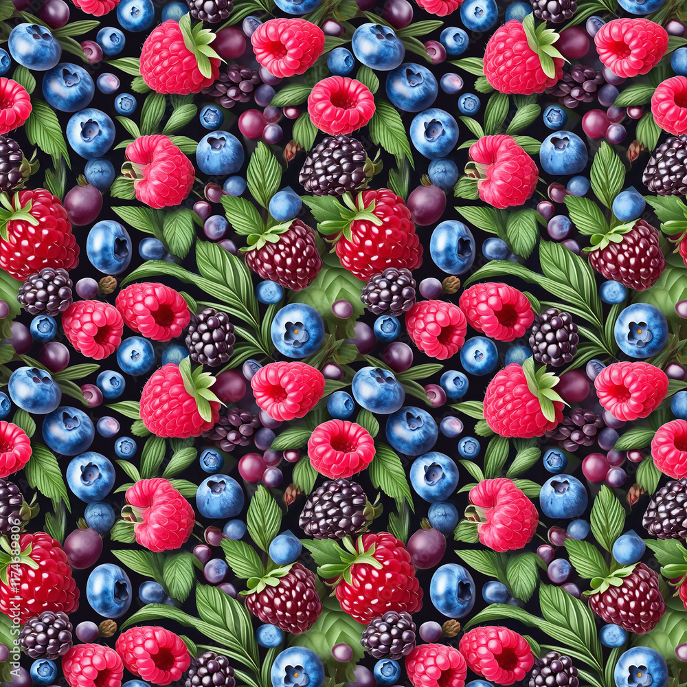 Poster vibrant seamless pattern of assorted berries on dark background