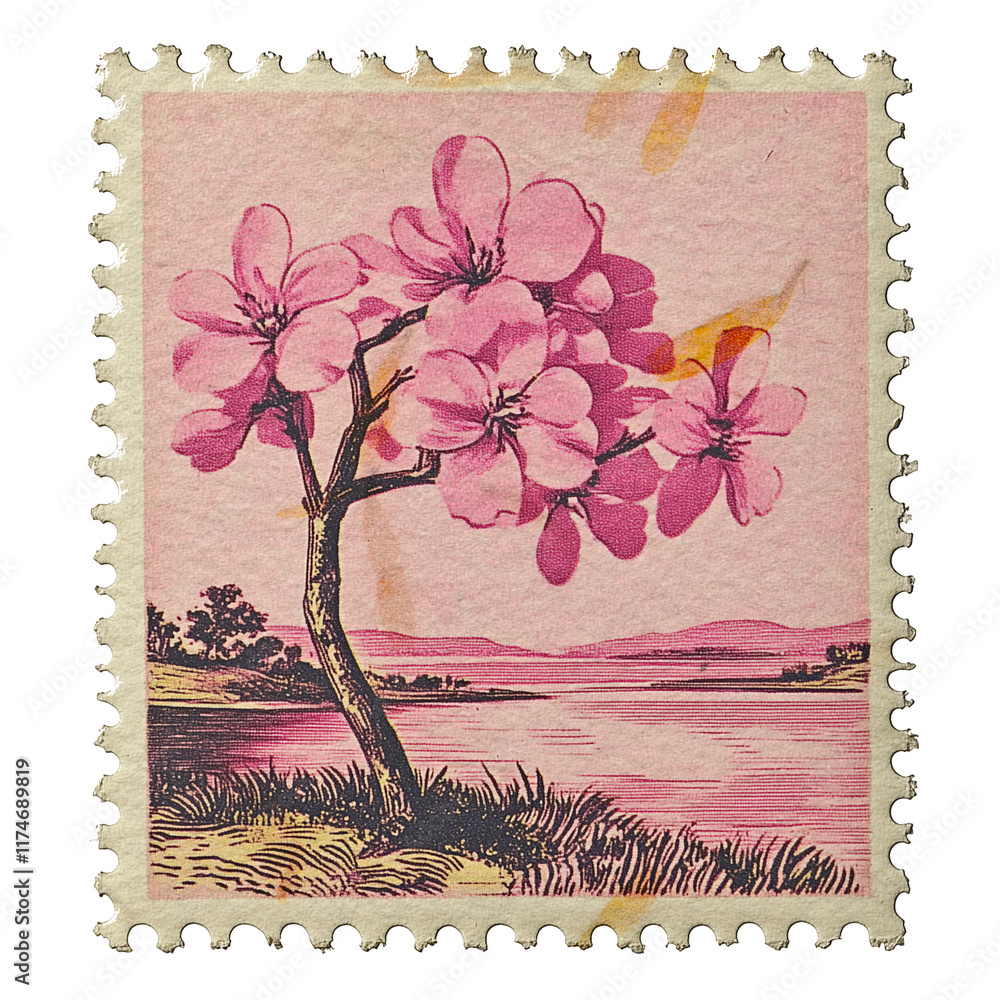 Wall mural vintage postage stamp with large cherry blossoms 