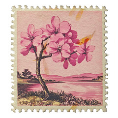 vintage postage stamp with large cherry blossoms 
