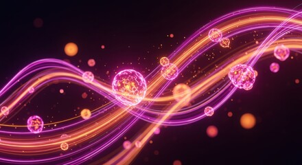 Abstract Glowing Energy Wave with Spheres and Particles on Dark Background
