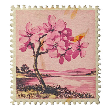 Fototapeta vintage postage stamp with large cherry blossoms 