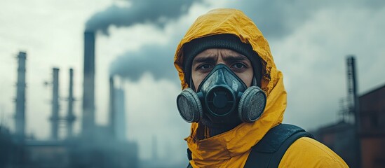 Naklejka premium Pollution and Environmental Disaster: A Man in a Gas Mask
