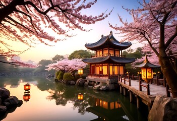 Obraz premium Serene Japanese Pagoda with Cherry Blossoms at Dawn. A tranquil scene of a traditional Japanese pagoda nestled amidst cherry blossom trees lining a calm pond at dawn