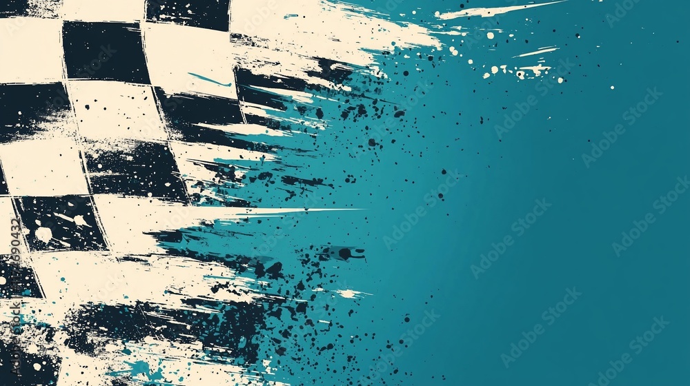 Poster abstract checkered flag graphic design with teal background.
