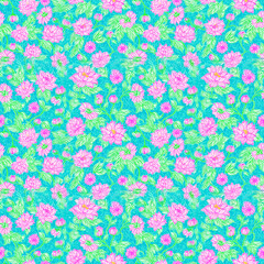 Vibrant floral pattern featuring pink water lilies on blue background