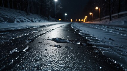 Close-up view of slippery ice road during winter night
