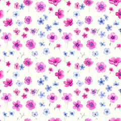 Vibrant floral design with pink and blue blossoms on a soft background