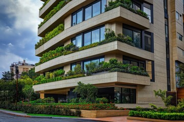 Obraz premium A luxury apartment building with smooth concrete surfaces, vertical gardens, and street-level retail spaces
