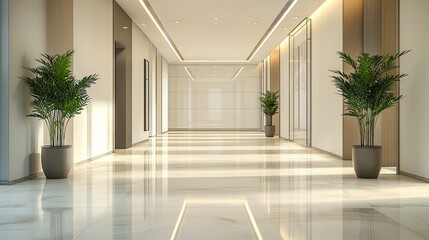 Modern Office Hallway Interior Design: Elegant and Serene Workspace