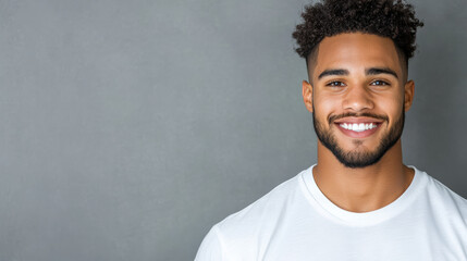 Obraz premium smiling man with curly hair poses confidently against gray background