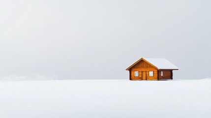 A minimalist winter scene featuring a solitary wooden cabin surrounded by an expanse of snow and a pale sky, conveying a sense of calm and isolation.