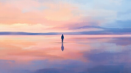 A solitary human silhouette stands on a vast, reflective salt flat, bathed in serene hues of pink and blue under a pastel sky.