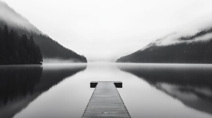 A wooden dock extends into a calm lake, flanked by misty forested hills.
