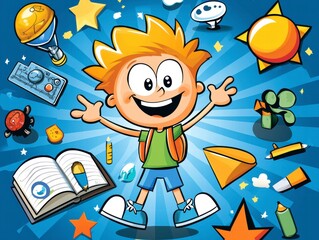 Naklejka premium Happy Boy Surrounded by School Supplies and Fun Items