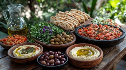 Fototapeta premium Mediterranean Mezze Platter with Hummus, Olives, and Bread