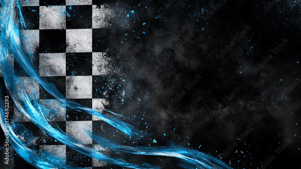 Poster checkered flag with blue streaks on a dark background.