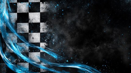 Checkered flag with blue streaks on a dark background.