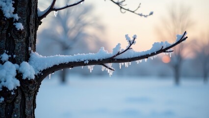 A winter sunrise scene featuring a snow-covered tree branch with melting icicles, peacefully showcasing the beauty of nature's frosty embrace during the soft, pale light of dawn.