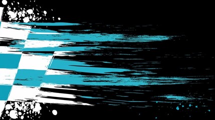Abstract graphic design with teal and white checkered flag, paint splatter, and streaks of motion.
