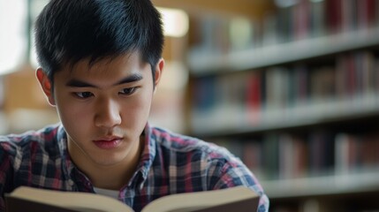 Focused Asian Student in the Library Reading and Studying
