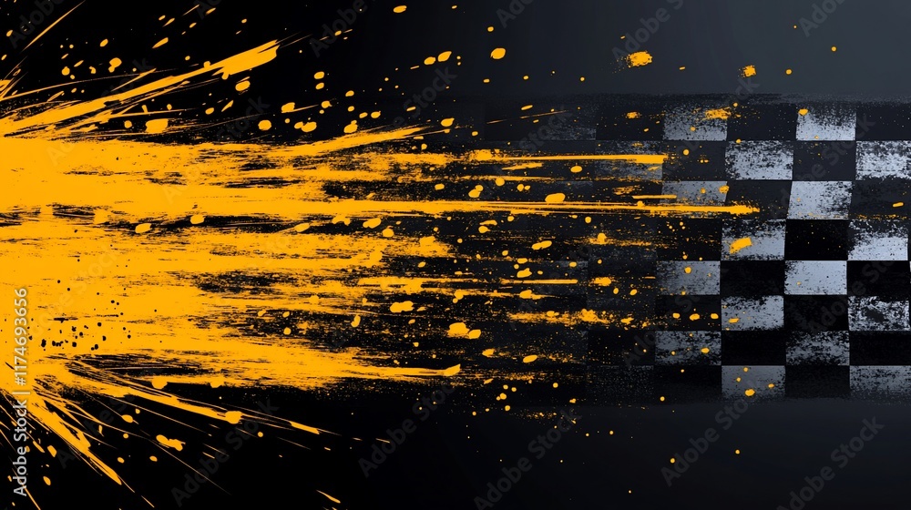 Poster abstract racing flag with yellow paint splashes on black background.