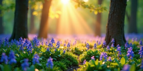 Obraz premium Serene Woodland Bloom Sunbeams Illuminate a Carpet of Delicate Blue Flowers in a Tranquil Forest Setting