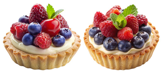 Mini tart, filled with berries and cream isolated on transparent background.