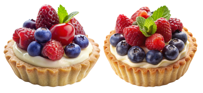 Mini tart, filled with berries and cream isolated on transparent background.