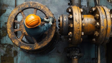 A man in a hard hat is working on a rusty pipe