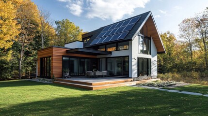 Fototapeta premium Modern House with Solar Panels and Wooden Deck