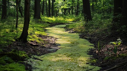 Sunlit Stream Through a Verdant Forest