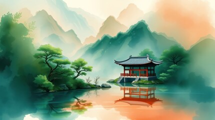 Obraz premium Serene Pavilion on Mountain Lake, Sunrise View.