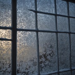 A close-up of frosted window patterns on a snowy house.
