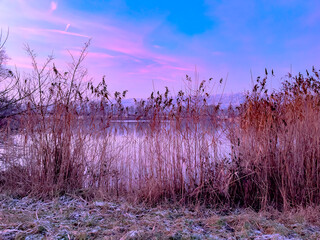 Frostige Winterlandschaft am See zur blauen Stunde