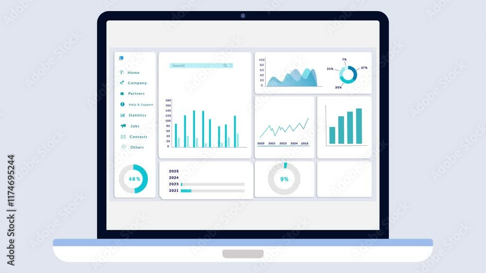 Aufkleber statistical website dashboard on laptop screen with blue graphs, diagrams and charts. neumorphic use