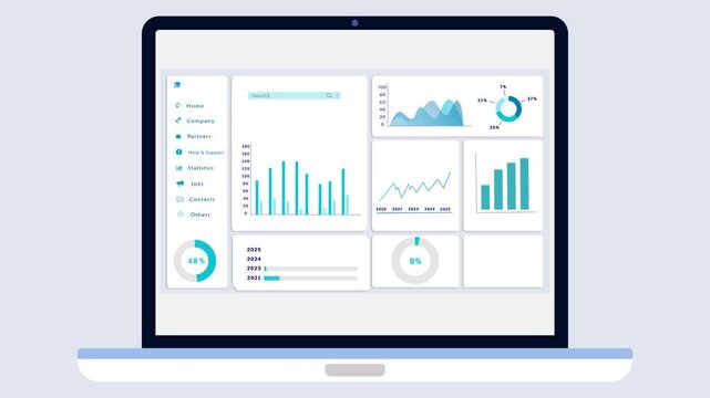 Statistical Website Dashboard on Laptop screen with Blue Graphs, Diagrams and Charts. Neumorphic User Interface of Business Data and Analytics. Animation Template