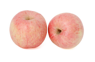 Two apples are sitting on a white background
