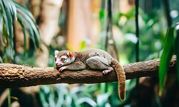 Adorable Mouse Lemur Resting on a Branch in Lush Rainforest. This tiny primate is a symbol of the unique biodiversity found in Madagascar's tropical forests.