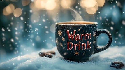 Cozy winter background with steaming coffee mug in snowy setting