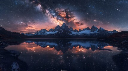 Naklejka premium Mesmerizing Starry Night Sky Reflected in a Tranquil Mountain Lake