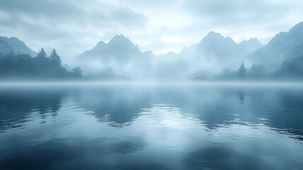 Mystical Fog Shrouded Mountain Lake with Serene Reflections