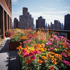Fototapeta premium inspiring rooftop garden design showcasing a mix of lush greenery and bright flowers, incorporating sustainable features and innovative layouts that transform urban balconies into vibrant living space