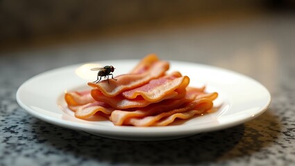 Detailed View of a Fly Resting on a fried bacons Placed on a Clean White Plate Emphasizing Food Safety Risks, Sanitation Challenges, and Pest Control Issues