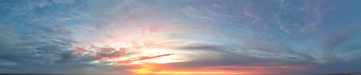 High Angle Ultra Wide Panoramic View of Orange Sky and Clouds During Sunrise Morning Over Liverpool City of England UK