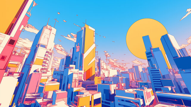 ポップでビビットな配色の都市のイラスト。目の覚めるようなコントラストの高さがハイセンスで、目を見張る。アニメイラスト。