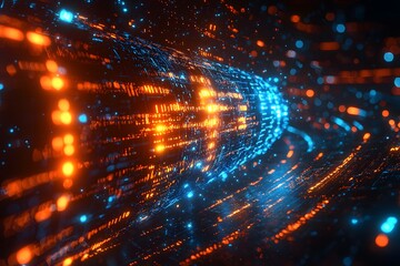 Obraz premium Abstract DNA design with glowing, colorful strands illuminated by bright lights against a dark, starry night backdrop