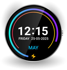 Circular Digital Smartwatch Face with Colorful Progress Rings and Date Display