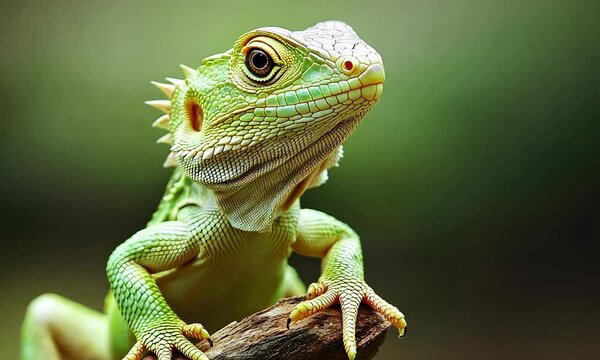 Close-up of a vibrant green lizard perched on a branch, its detailed scales and bright eyes captivating the viewer. This exotic reptile is a stunning example of nature's artistry