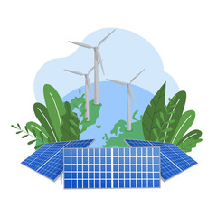 Green planet with renewable natural electricity energy sources (solar panels and wind generators). Save  Earth, ecology, environment concept. Vector illustration isolated on white background